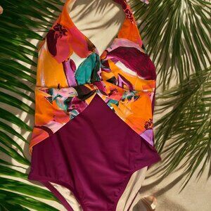 CUPSHE Womens One Piece Swimsuit Plus Size OX Maroon Halter Bathing Suit